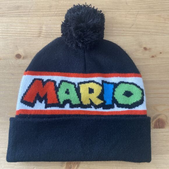 Nintendo Super Mario Beanie Black Knit Hat w Embroidered Logo & Pom Sz L/XL - Picture 7 of 10